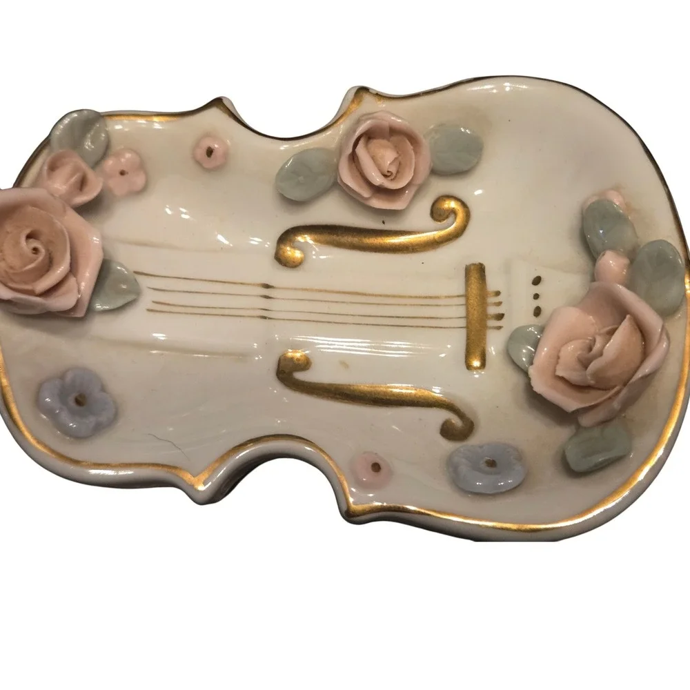 Lefton China Violin Trinket‎  Ivory Pink Gold Floral Vintage Rose